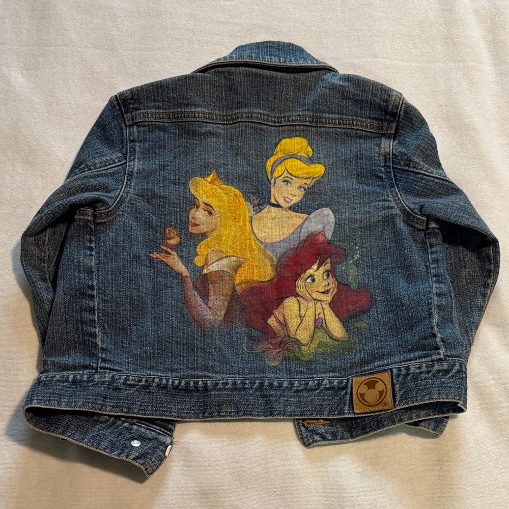 Disney Girls Blue Denim Jacket with Yellow, Red and Blonde Princess Art